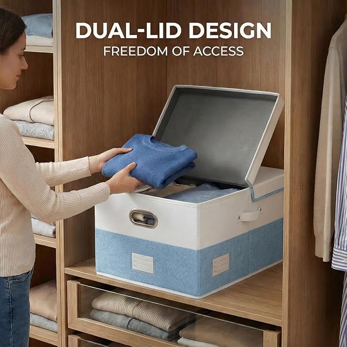 PRANDOM Storage Bins with Lids [3-Pack] Linen Fabric Foldable Storage Boxes Organizer Containers Baskets Cube with Cover for Bedroom Closet Office White&ampBlue (23.4X15.9X11.4)