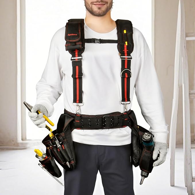 Heavy Duty Tool Belt Suspenders – Adjustable X-Back Padded Shoulder Harness with Universal Hooks – Tactical Work Suspenders for Electricians Carpenters Construction