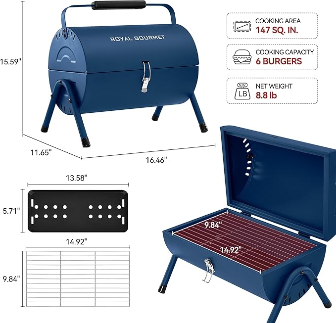 Royal Gourmet CC1015B Portable Charcoal Grill 147 Sq. In. Cooking Area with Four Air Vents Lid Latch Buckle Lid Handle for Outdoor Backyard Patio Parties and Picnics Blue