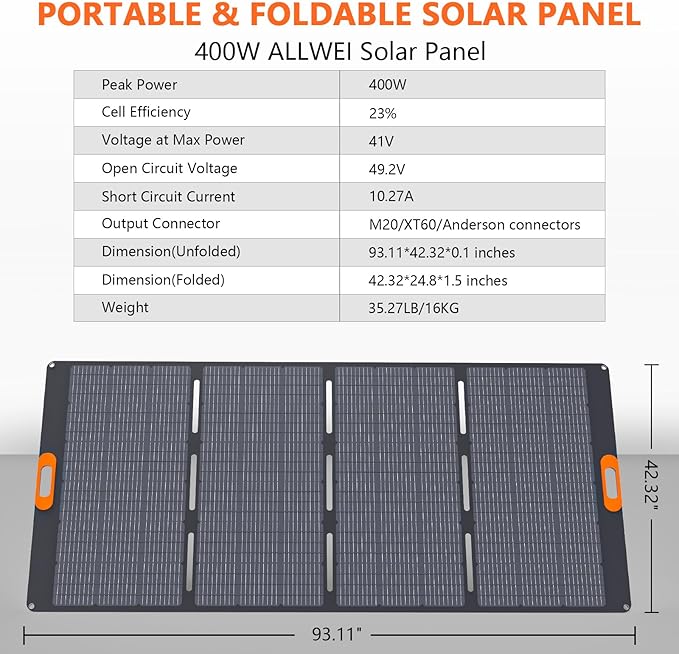 400W Foldable Portable Solar Panel for ALLWEI 1200W 2400W Power Station Solar Generator IP67 Waterproof with Adjustable Kickstand for RVs Camping Home and Blackouts