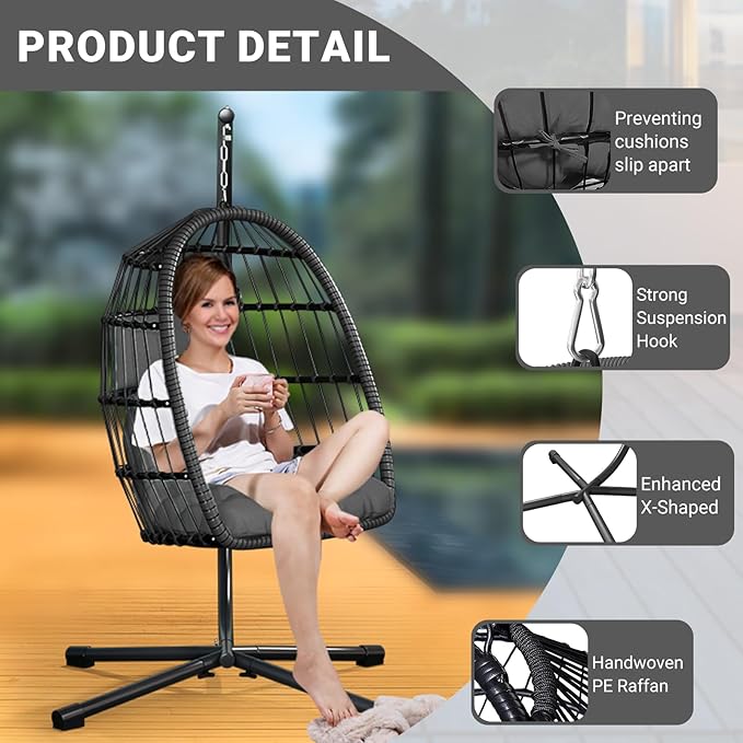 CHABATREE Egg Chair with StandPatio Rattan Wicker Hanging Swing Egg Chair Hammock Chair for Bedroom Porch GardenThickened Aluminum Alloy Steel Frame and UV Resistant Cushion350LBS Capacity