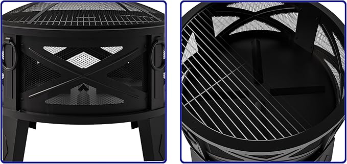 Fire Beauty 26Steel Fire Pit with Grill Grate&ampSpark Screen360° Airflow Boost TechnologyLess SmokeLarger FlamesHeavy-Duty Portable Camping Fire Pit for BackyardBeachRV (22lbs4 HandlesDual-