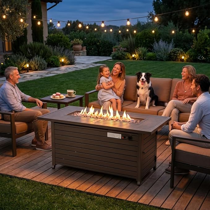 LEGACY HEATING 57 inch Gas Fire Pit Table Outdoor Propane Fire Pit Table 50000BTU Fire Table with Lid Retangular Bronze Firepit Table for Garden Courtyard Deck Poolside Party