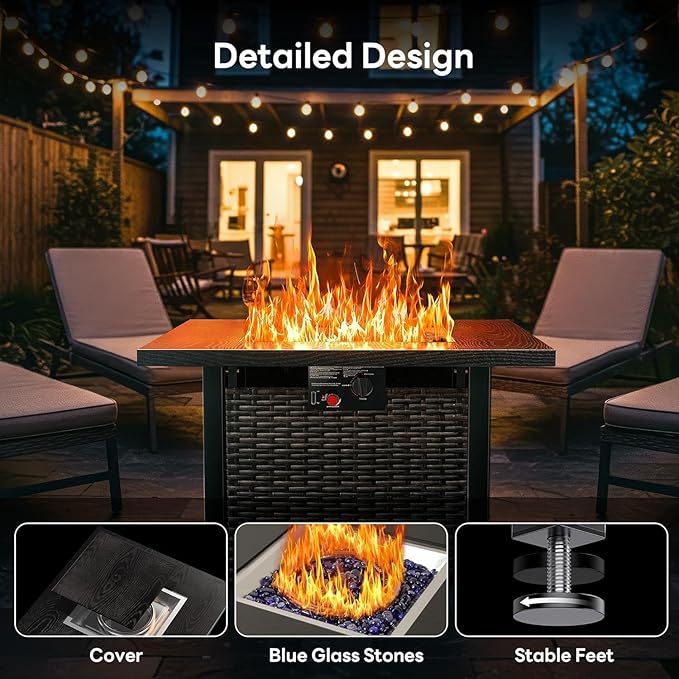 28 Inch Outdoor Propane Fire Pit Table 50000 BTU Square Rattan Propane Fire Pit with Steel Tabletop &amp Removable Lid 4-in-1 Gas FirePit Table with Glass Stones for Patio Backyard