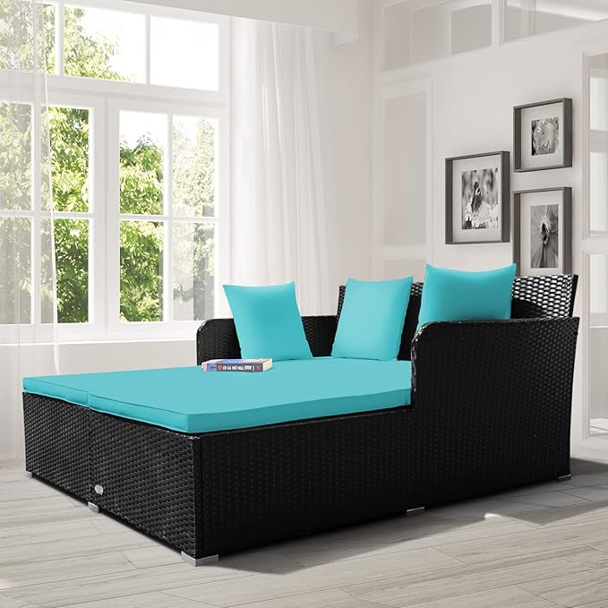 Tangkula Outdoor Rattan Daybed Sunbed Wicker Furniture w/Spacious Seat Upholstered Cushion &amp High-Resilience Sponge Wicker Patio Sofa Set w/Extra Pillows for Courtyard Poolside(Turquoise)