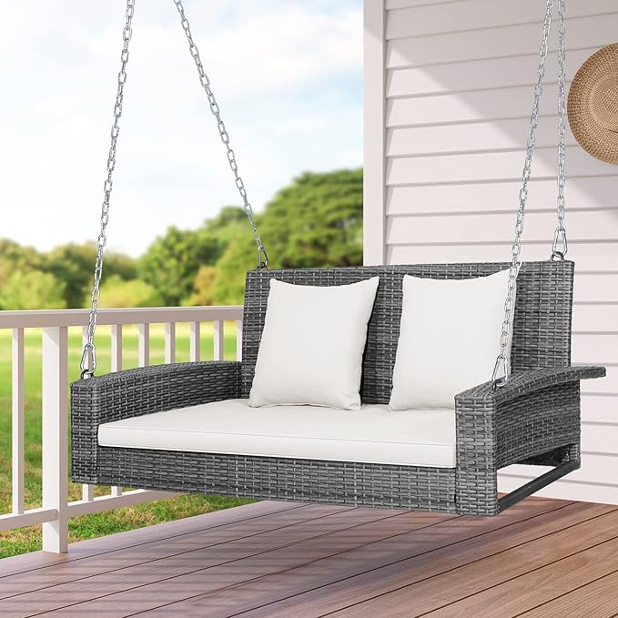 Tangkula 2 Person Wicker Hanging Porch Swing Patiojoy Outdoor Rattan Swing with Soft Cushions and 2 Rustproof Steel Chains 800 LBS Patio Swing Bench for Balcony Garden and Yard