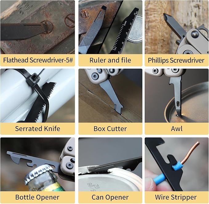 Light Seeking multitool 20-in-1 EDC Multi tool with Needle Nose Pliers and Wire Stripper Tools Gifts for Men Survival and Camping Gear D2 Steel sand (Light Seeking D2 steel sand)