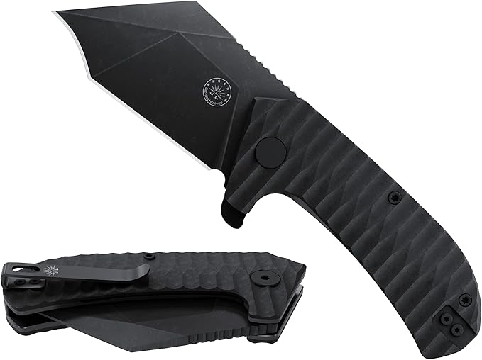 Off-Grid Knives - Raptor EDC Folding Knife with Tumbled Black D2 Steel Grippy G10 Bearings Deep Carry Left &amp Right Hawkbill Tip Stout Everyday Carry