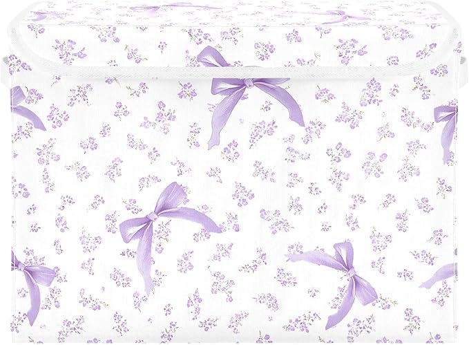 ALAZA Purple Floral Bow Storage Bins Organizer Box Baskets Lidded Clothes for Shelves Closet Collapsible Stackable Storage Cubes Handles