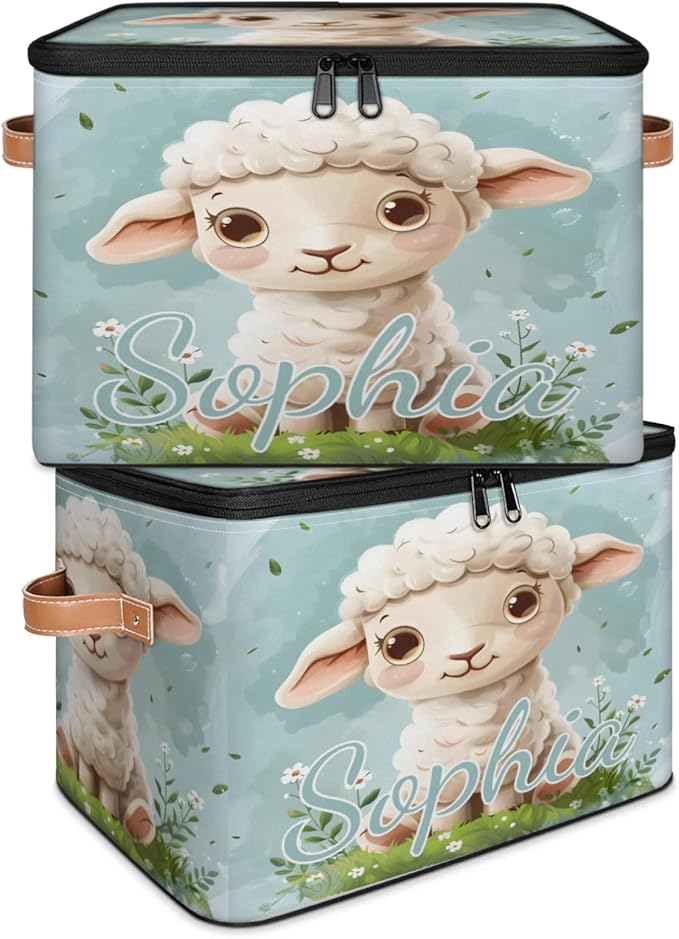 Custom Storage Basket with Name Personalized Storage Bins with Zipper Lid Foldable Fabric Storage Box Large capacity with Handle Flower Sheep