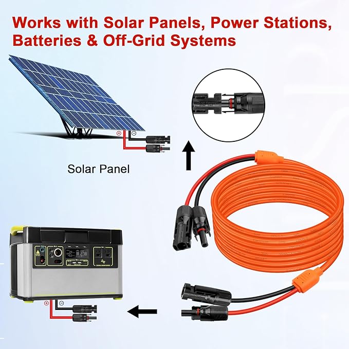 XRDS -RF Solar Extension Cable 20FT 14AWG Tinned Copper with Solar Panel Connectors 10AWG Red &amp Black Branch Wires Heavy Duty Outdoor Power Cord for RV Inverter Generator Off-Grid System