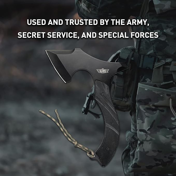 Uzi UZK-Axe-2 Masada Axe with 7-Inch Blade Reinforced Striker Tip Full Tang G10 Handle Tactical Throwing Chopping Axe for Outdoor Hiking Camping Black Stainless Steel Double Edged