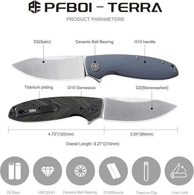 Petrified fish PFB01 Terra3.54 D2 Steel Blade G10 Handle Flipper Liner lock Folding knife (Black G10 Stonewashed)