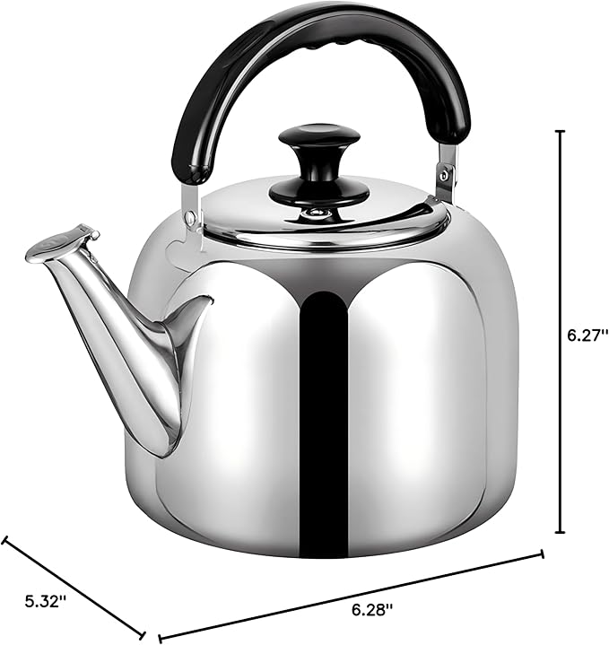 Whistling Stovetop Tea KettleFood Grade 316 Stainless SteelHot Water Fast to BoilStovetop Kettle with Ergonomic Handle5.3 Quart Capacity