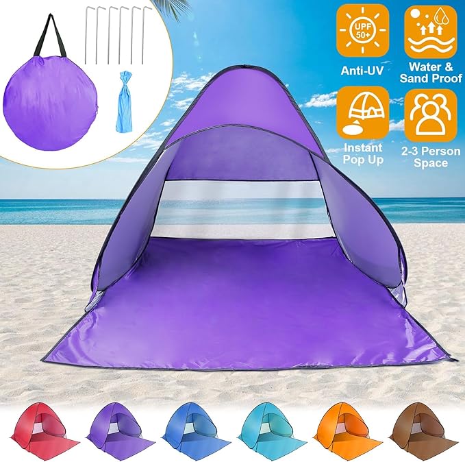 KOCASO Pop Up Beach Tent Sun Shade Shelter - UV Protection &amp Waterproof Sun Shade Shelter with Net Window and Storage Bag - Ideal for Beach Camping Fishing and Outdoor Activities Purple