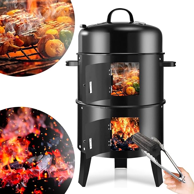 T001-2 19-inch BBQ Charcoal Smoker Heavy Duty Round Smoking-Vertical Multi-Layer Pellet Smoker for Meats-Offset Charcoal Grill with Thermometer Black
