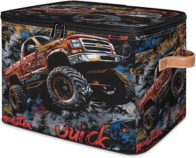 Storage Bin with Lid Stackable Closet Storage Bins Cool Trucks Decorative Bedroom Organizer Box Lidded Baskets Living Room Storages Boxes Cube Organizer Cute Container with Handles