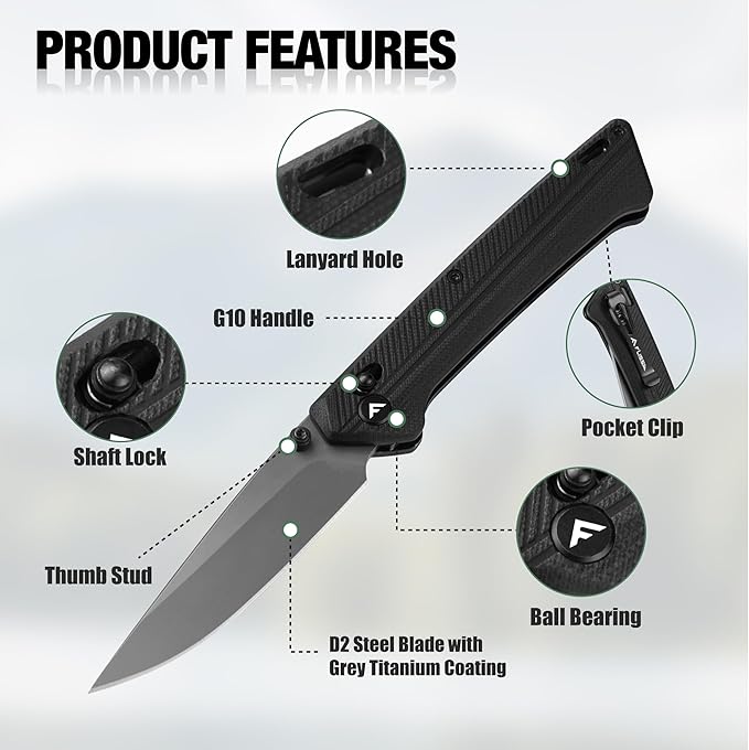 FLISSA Button Lock Folding Knife with 3.1 D2 Steel Blade G10 Handle &amp Shaft Lock Folding Knife for EDC Camping Hiking Fishing Outdoor Activities