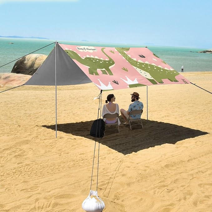 ALAZA Green Dinosaurs Dino Beach Tent Sun Shelter UPF50+ Protection Beach Shade Canopy w/ 4 Sandbags for Outdoor Camping Fishing Backyard Fun Picnic 10x9 ft