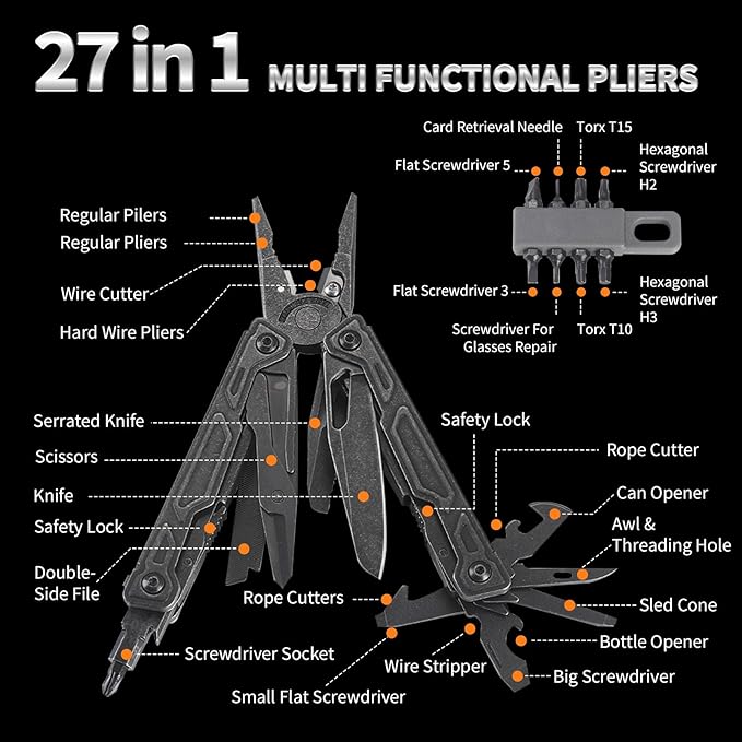 27-in-1Multitool Pliers with Scissors Rope CuttersSaw ScrewdriversCan OpenerFileCarrying PouchStainless Steel Pocket Multi-Tool Ideal for Camping Survival and GiftBlack