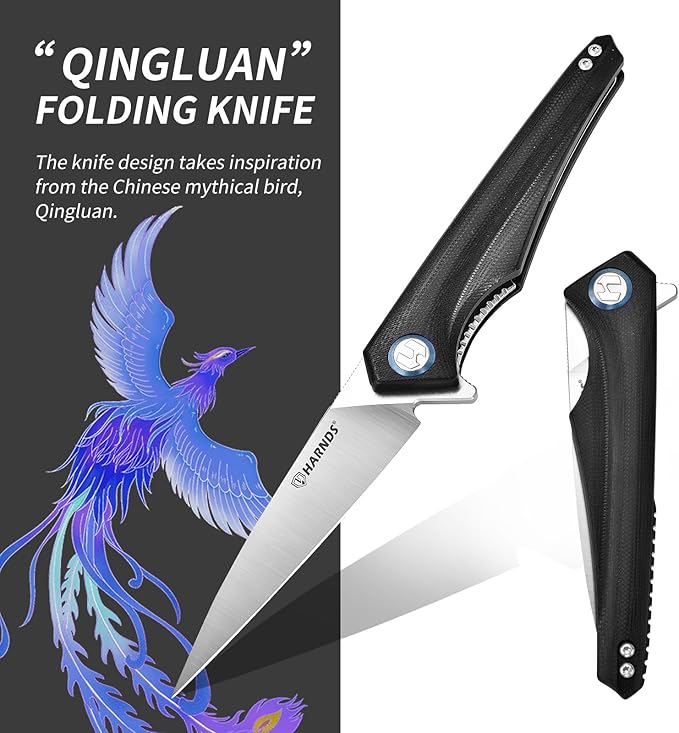 Harnds Qingluan Folding Knife with Pocket Clip D2 Steel Blade 3.54'' and G10 Handle Outdoor Adventure knife EDC Camping Knife (Black)