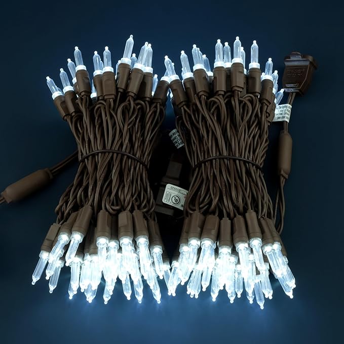 Cool White One-Piece LED Christmas Lights 48 Feet 140 Count Pack of 2 Strands 70ct T5 High Waterproof UL Certified Brown Cord String Lights