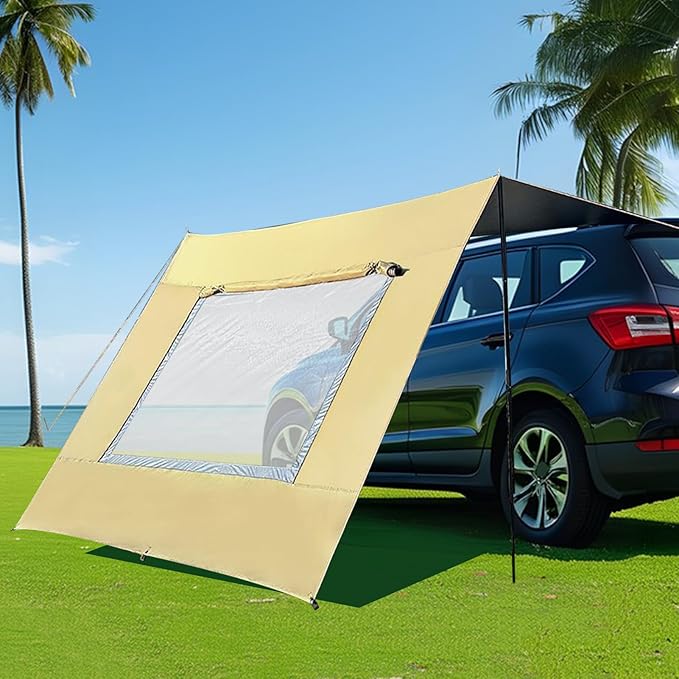Car Awning – 48x28cm Oxford Mesh Black/Khaki Vehicle Shade Shelter Tailgate Canopy Cover Window Vent Screen | Ideal for Camping Roadside Rest Fishing Lakeside Shade Hiking Trail Breaks Beach
