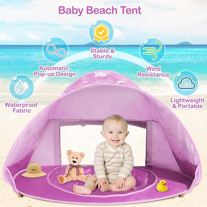 Zooawa Baby Beach Tent Pop Up Beach Tent Sun Shade for Beach Portable Shade Pool UV Protection Sun Shelter for Infant with Beach Sand Toys Set