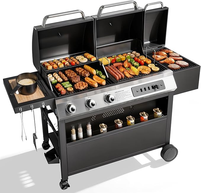 MFSTUDIO Gas and Charcoal Grill Combo with Side Smoker Heavy Duty Dual Fuel BBQ Grill with Porcelain-Enamel Grates Perfect for Outdoor Grilling 840 SQIN Cooking Area