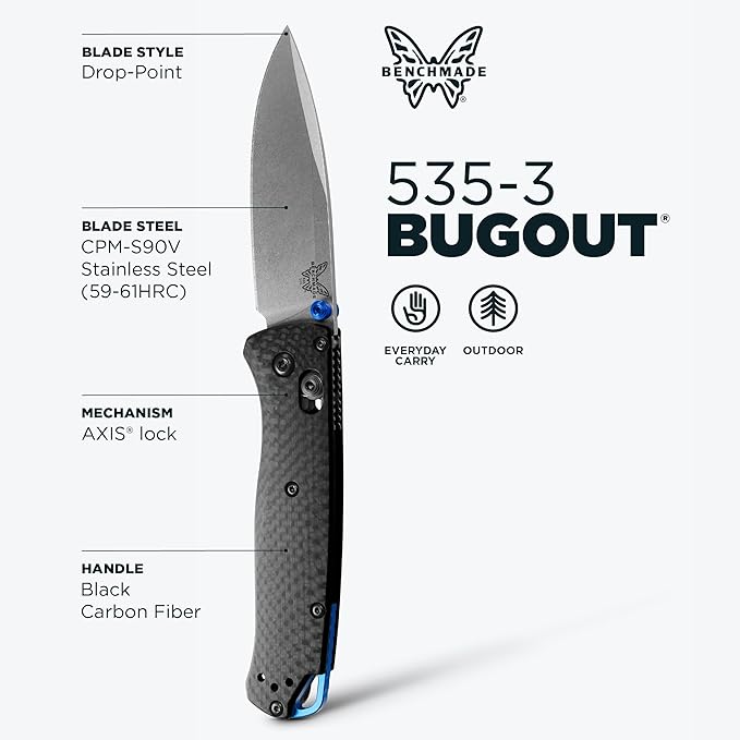 Benchmade - Bugout Outdoor EDC Folding Knife Slim Lightweight Drop-Point Blade Carbon Fiber (535-3)