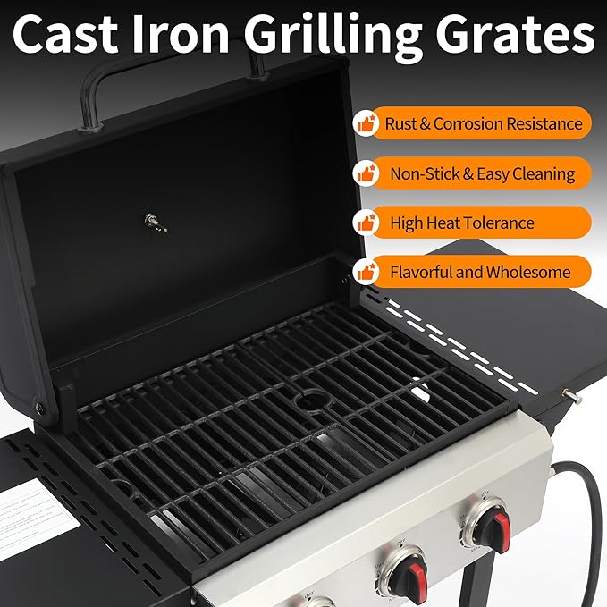 3-Burner Propane Gas Grill with Cast Iron Grate - 30000 BTU Output &amp Easy-Clean Grease Management for Perfect BBQs (3-Burner)