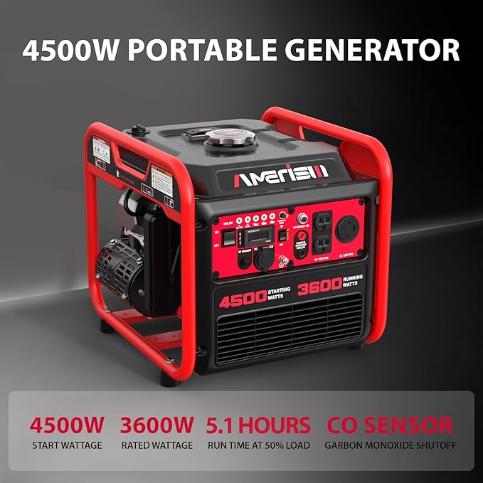 AMERISUN 4500W Portable Generator with Inverter Technology Gas Generator for home use CO Protect (AL5040C)
