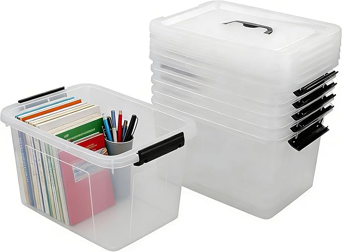 Zopnny 6-Pack 12 Quart Latch Box Stackable Organizer Bins with Latching Lids Clear Plastic Organization Containers for Closet Bedroom Shelving Units and Everyday Home Storage