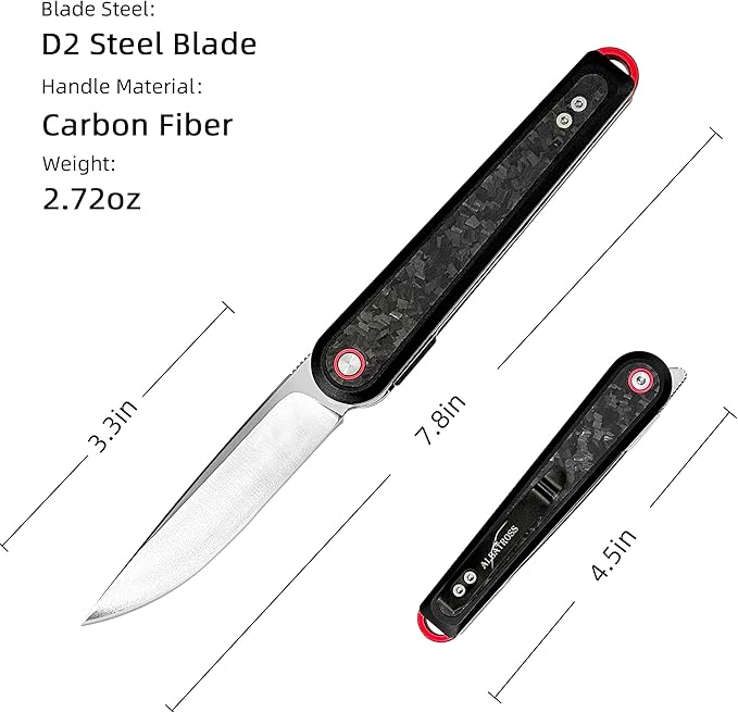 Executive Fathers Day Gift Men's EDC Folding Knife 3.3” Satin D2 Blade Black Aluminum &amp Carbon Fiber CNC Machined Reversible Clip Premium Case