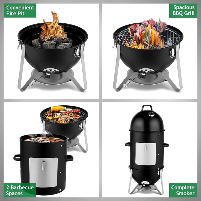 LEADZM 4-Tier 3-in-1 Vertical Charcoal Grill BBQ Charcoal Smoker with Built-in Thermometer Air Vent and Access Doors Perfect for Camping Picnics Backyard BBQs and Tailgating Parties