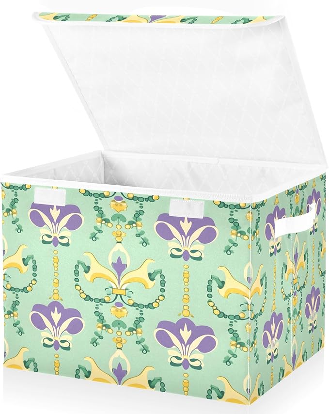 Mardi Gras Storage Baskets with Lids Collapsible Bins Stackable Fabric Linen Baskets Closet Organizer Container for Decorations 16.5x12.6x11.8
