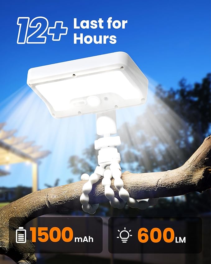 Motion Sensor Outdoor Lights with Flexible Octopus Tripod - 600LM Solar Sercurity Lights Waterproof Dual Charging Solar Ourdoor Light for CampingFence Patio (2Pack White)