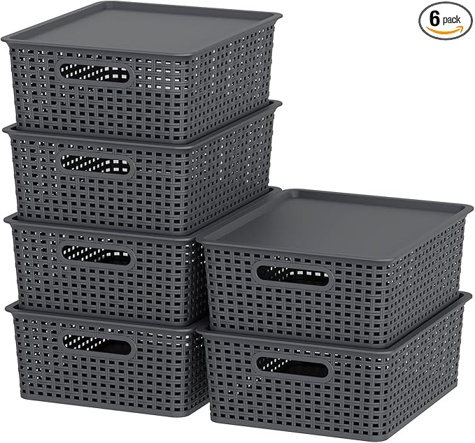 13 Quart Plastic Storage Baskets with Lid Weave Organizing Bins Gray 6 Packs