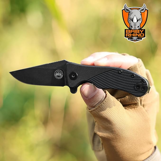 Off-Grid Gear Baby Rhino Compact Pocket Knife - Sandvik 12C27 G10 Scales Lightweight Design for Camping Hiking and Fishing (Nightfall)