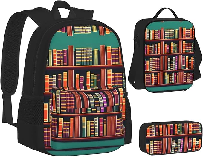 3pcs Backpack Sets Library Bookshelf Printed Backpacks Set With Lunch Bag Pencil Pouch