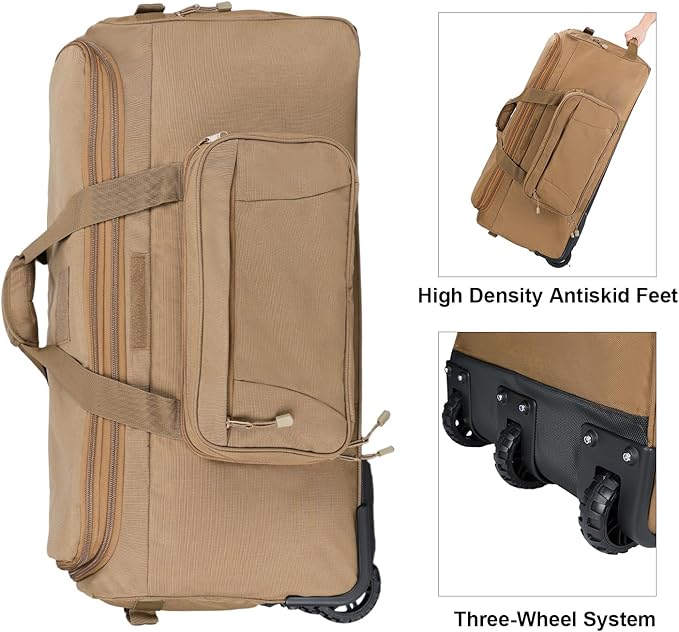 Military Wheeled Deployment Bag Large Tactical Heavy Duty Duffel Bag for Camping Hiking (Tan)