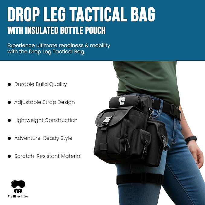 Drop Leg Tactical Bag with Insulated Bottle Pouch - Adjustable Shoulder Strap for Men Women Parents Hiking Biking Travel Photography - Weather-Resistant Outdoor Gear with Multiple Compartments