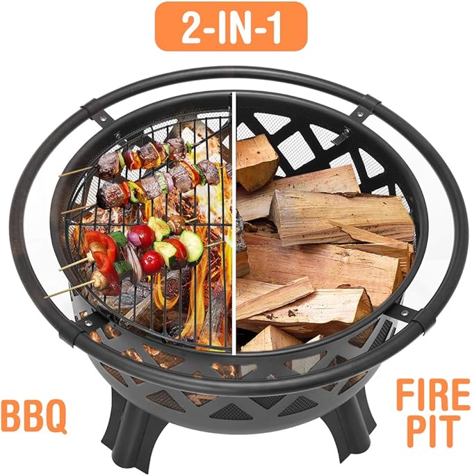 36 Inch Fire Pits for Outside Outdoor Wood Burning Firepit with BBQ Grate Large Heavy Duty Steel Firepit Bowl Bonfire Pit for Patio Backyard Garden Camping