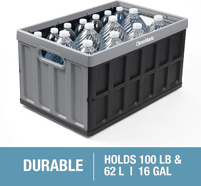 CleverMade Collapsible Storage Bins with Lids (62L 3 Pack) – Heavy Duty Foldable Plastic Storage Crates for Garage Closet &amp Trunk Organization - Obsidian