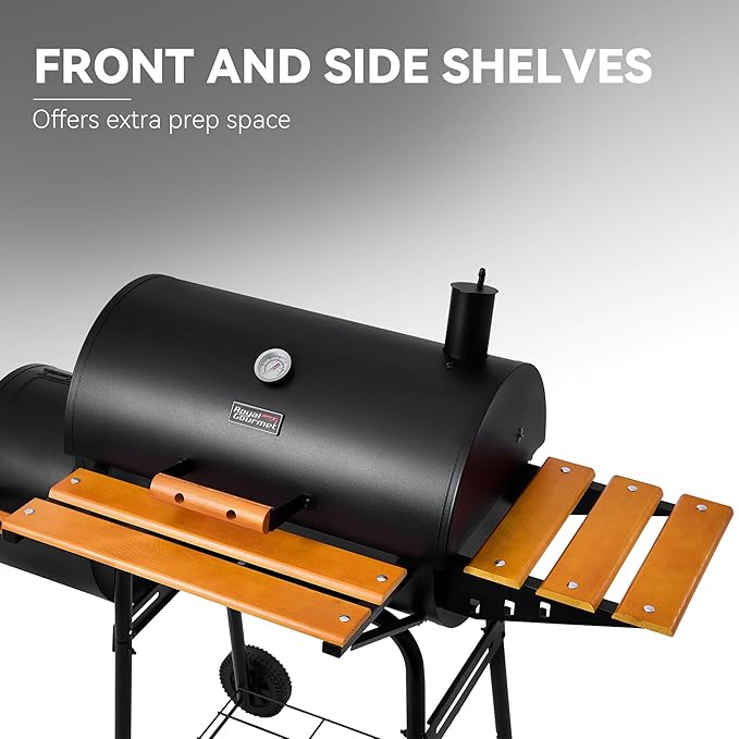 Royal Gourmet CC1624W Barrel Charcoal Grill with Offset Smoker 552 Sq. In. Cooking Area Wooden Front and Side Shelf with Hooks Mesh Bottom Shelf Charcoal Grill for Outdoor Grilling Black