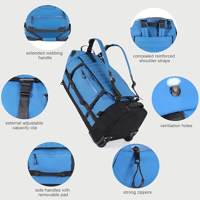 Rolling Duffle Bag with Wheels86L 30”Carry on Luggage with WheelsFolding Travel BagDuffle Backpack with Separate Shoe Compartment (blue)