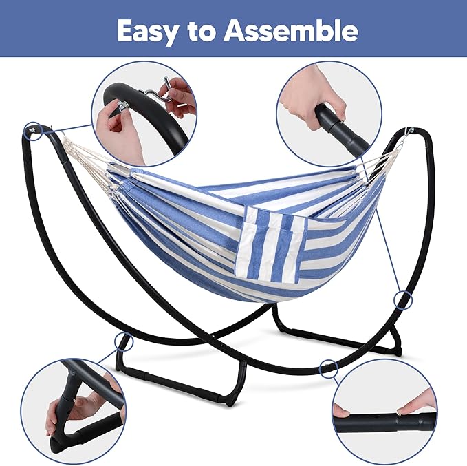 SUNCREAT Portable Large Hammock with Stand Two Person Hammock with Stand Included Patent Pending Blue White