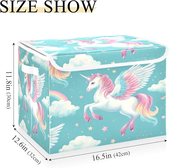 Cartoon Unicorns Rainbow Star Collapsible Storage Bins with Lids Decorative Fabric Cubes Closet Organizer Basket Boxes Containers for Clothes Box Chest Folding Rectangle
