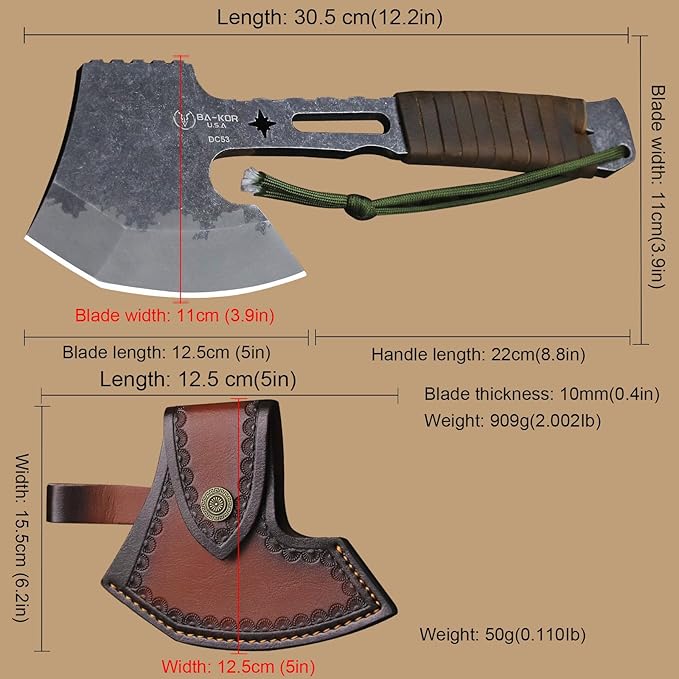 BA-KOR 12.2-inch DC53 Steel 10mm Thick Multi-Functional Survival Axe for Camping EDC Tool Jungle Logging Axe + Axe Sheath (5.9in) Cerium igniter