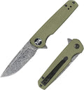 704 Gear Blitz EDC Folding Pocket Knife | Compact 2.98 Blade Damascus Steel G10 Handle Reversible Pocket Clip | Olive Drab Green with Damascus Steel